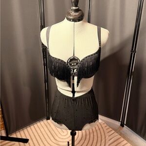 Black Hand Embellished Fringe Lingerie Set – High Waist Burlesque